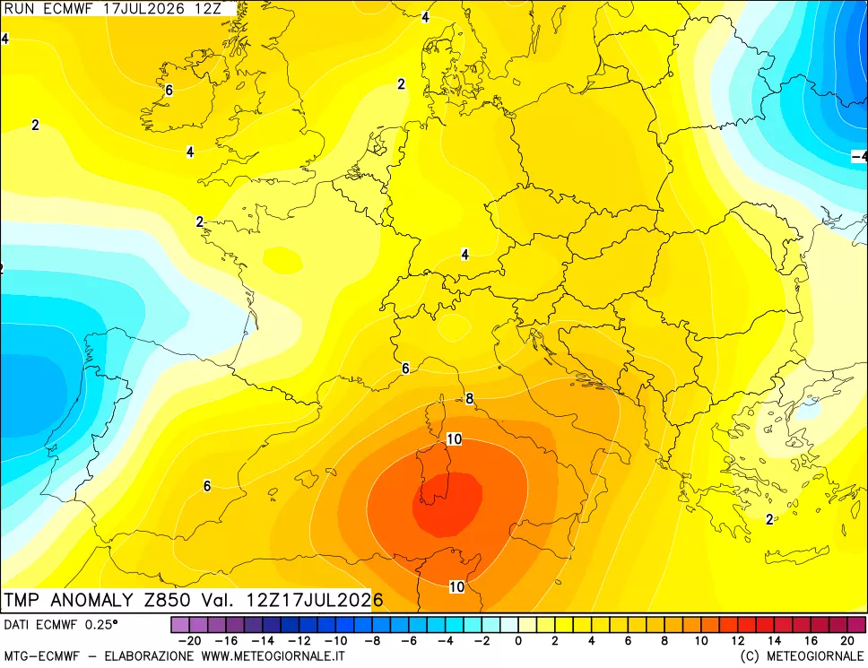 mappa 850 hPa Temp Anomaly vs Cli.No 1981-2010