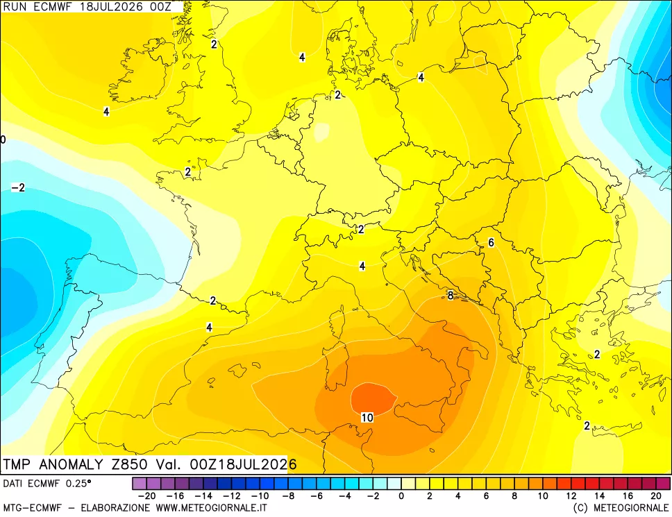 mappa 850 hPa Temp Anomaly vs Cli.No 1981-2010