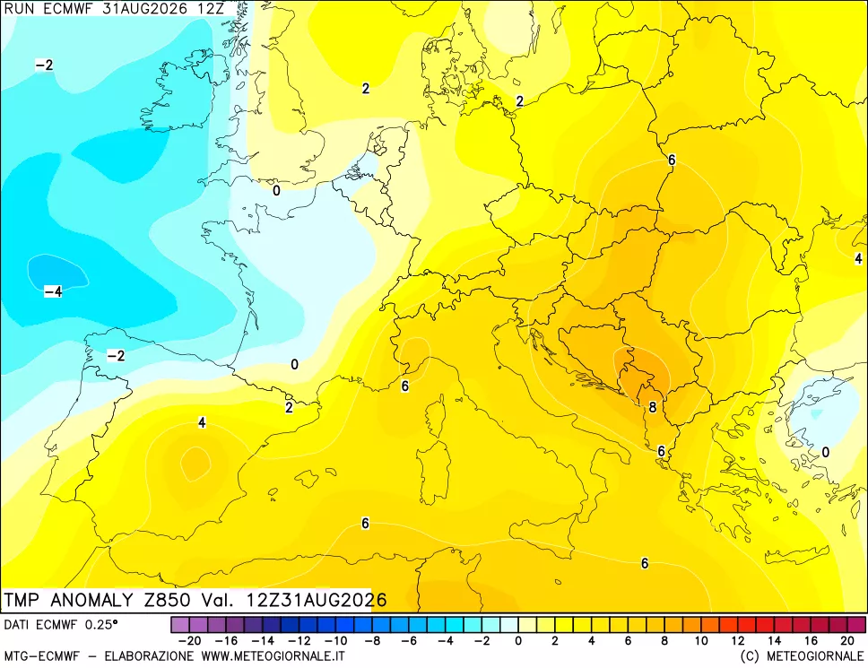 mappa 850 hPa Temp Anomaly vs Cli.No 1981-2010