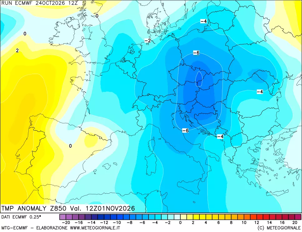 mappa 850 hPa Temp Anomaly vs Cli.No 1981-2010