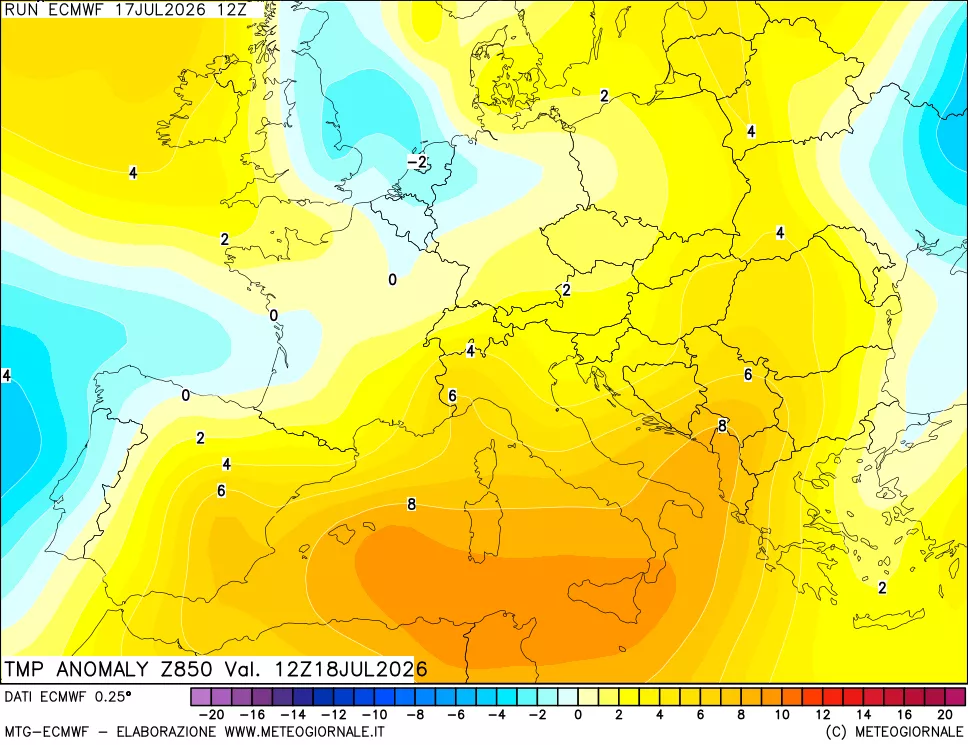 mappa 850 hPa Temp Anomaly vs Cli.No 1981-2010