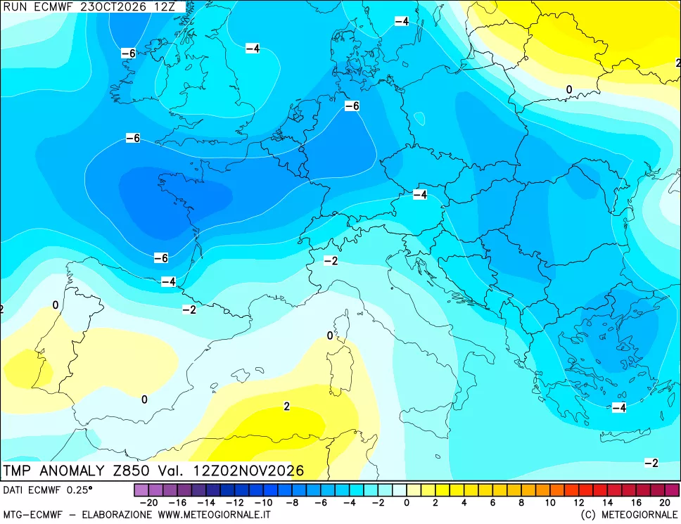 mappa 850 hPa Temp Anomaly vs Cli.No 1981-2010