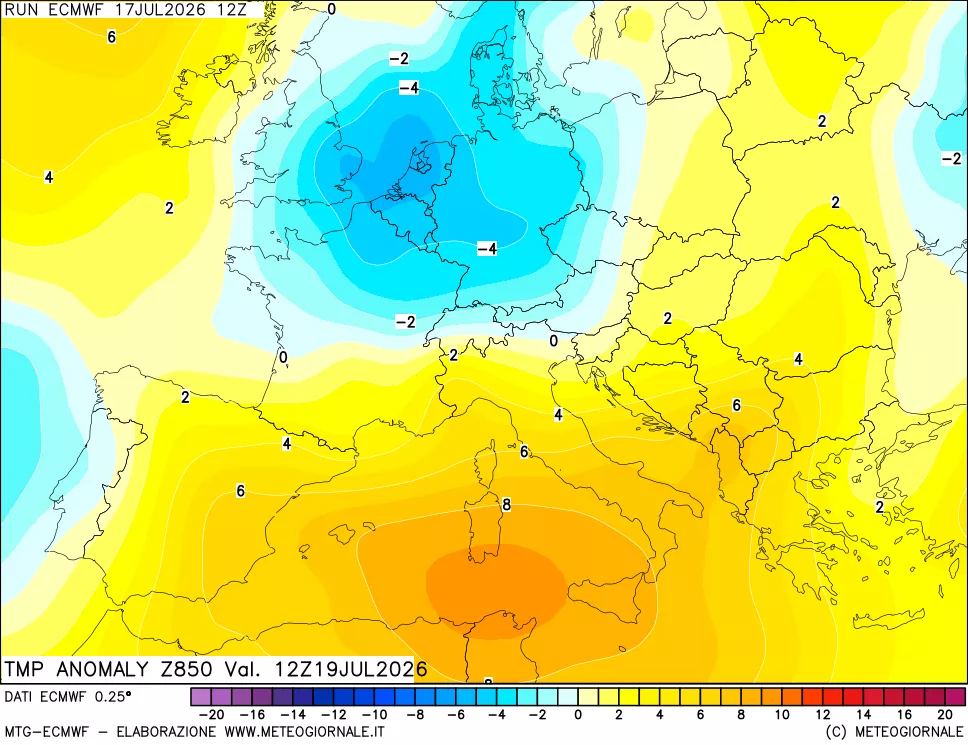 mappa 850 hPa Temp Anomaly vs Cli.No 1981-2010