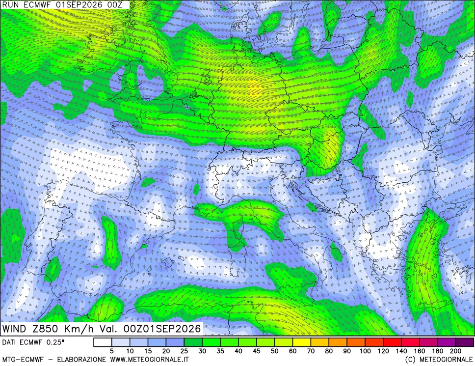 mappa Direzione e forza del vento a 850hPa