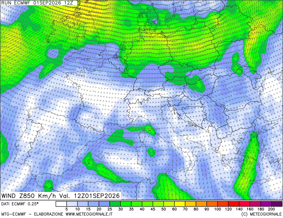 mappa Direzione e forza del vento a 850hPa