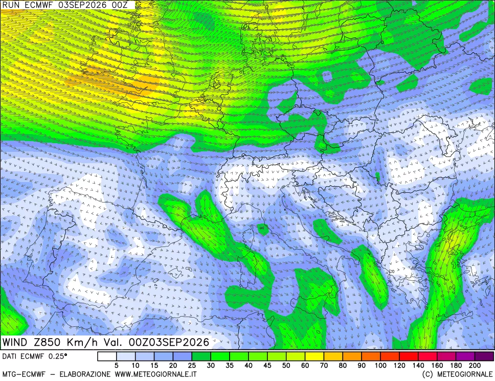mappa Direzione e forza del vento a 850hPa
