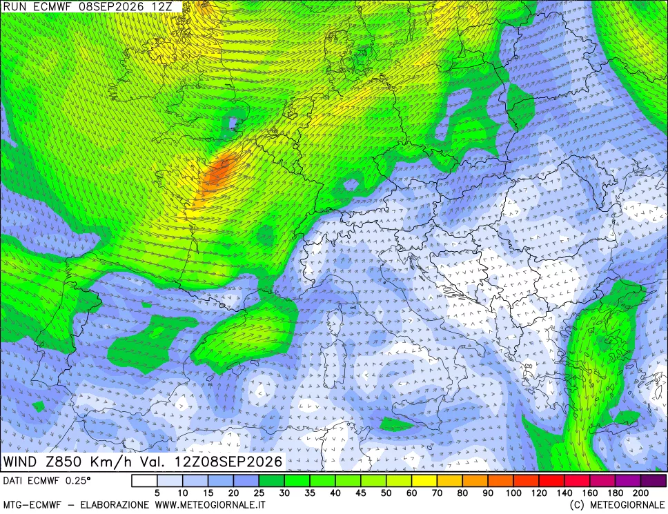 mappa Direzione e forza del vento a 850hPa