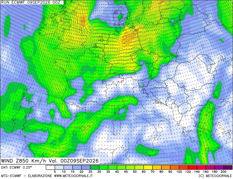 mappa Direzione e forza del vento a 850hPa