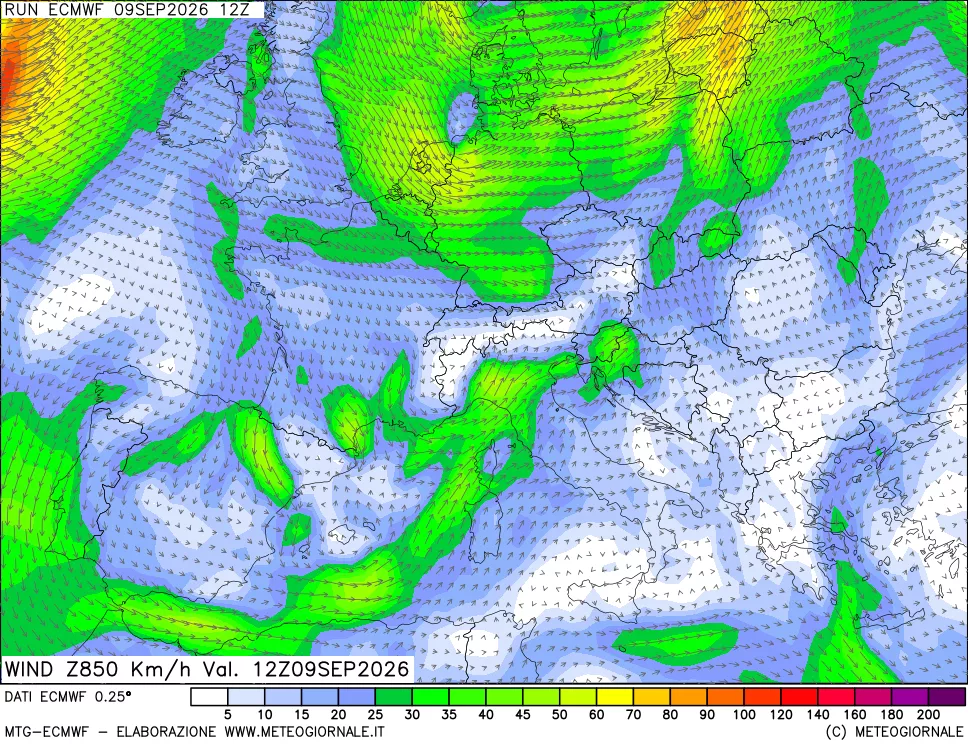 mappa Direzione e forza del vento a 850hPa