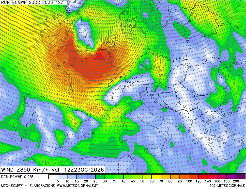 mappa Direzione e forza del vento a 850hPa