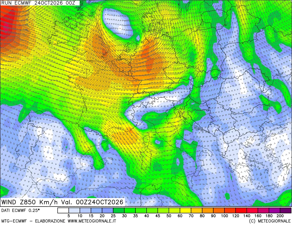 mappa Direzione e forza del vento a 850hPa