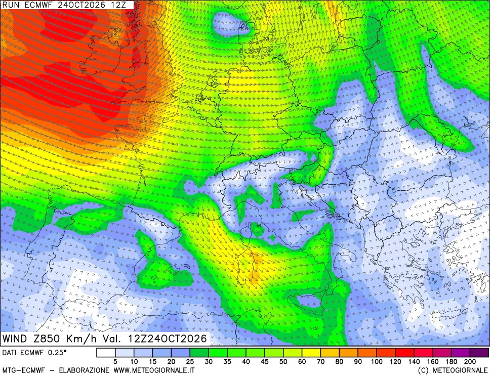 mappa Direzione e forza del vento a 850hPa