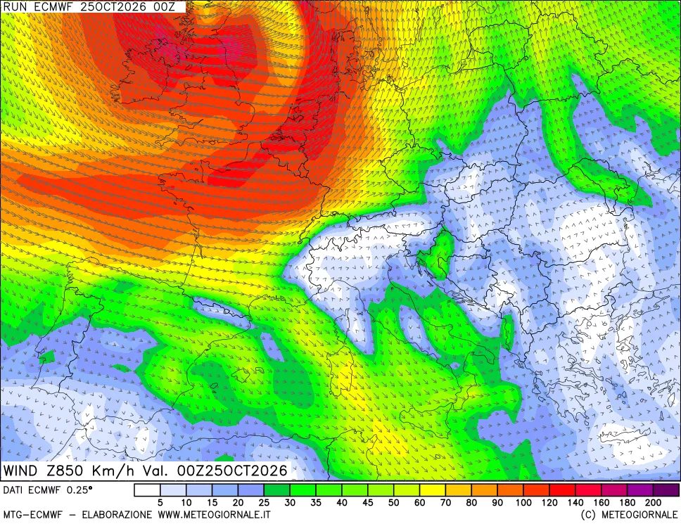mappa Direzione e forza del vento a 850hPa