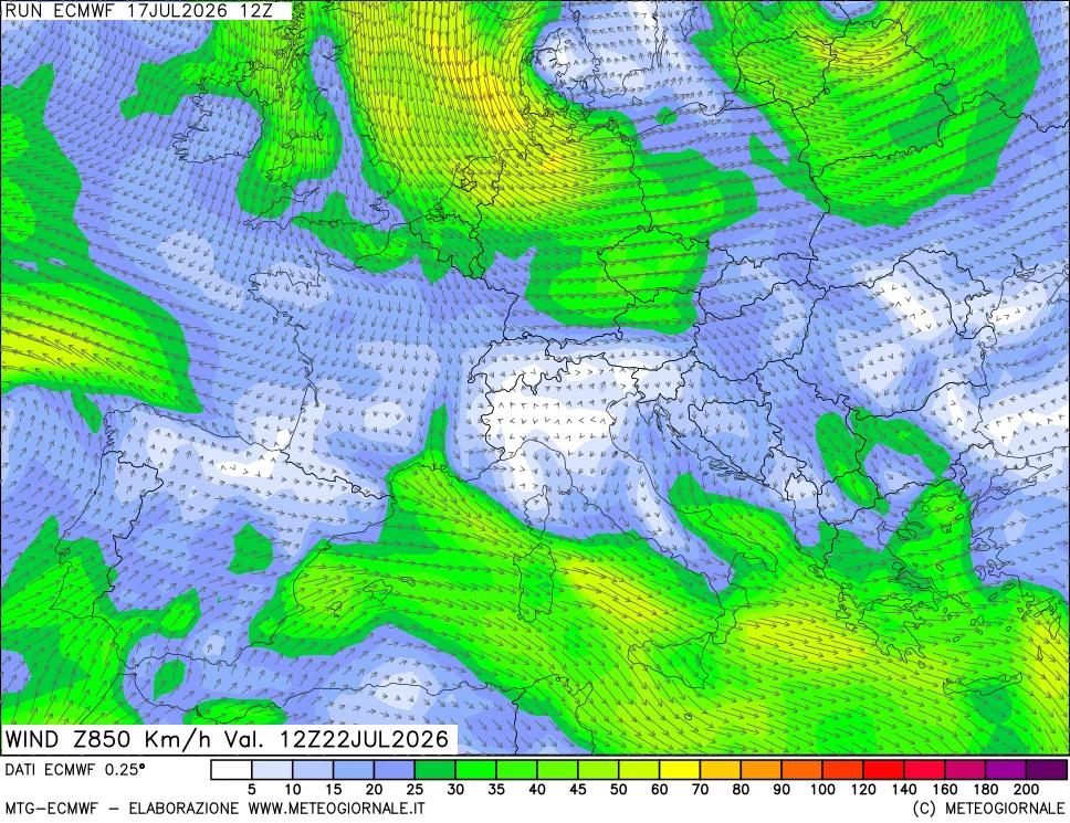 mappa Direzione e forza del vento a 850hPa