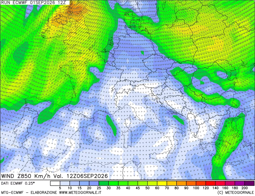 mappa Direzione e forza del vento a 850hPa