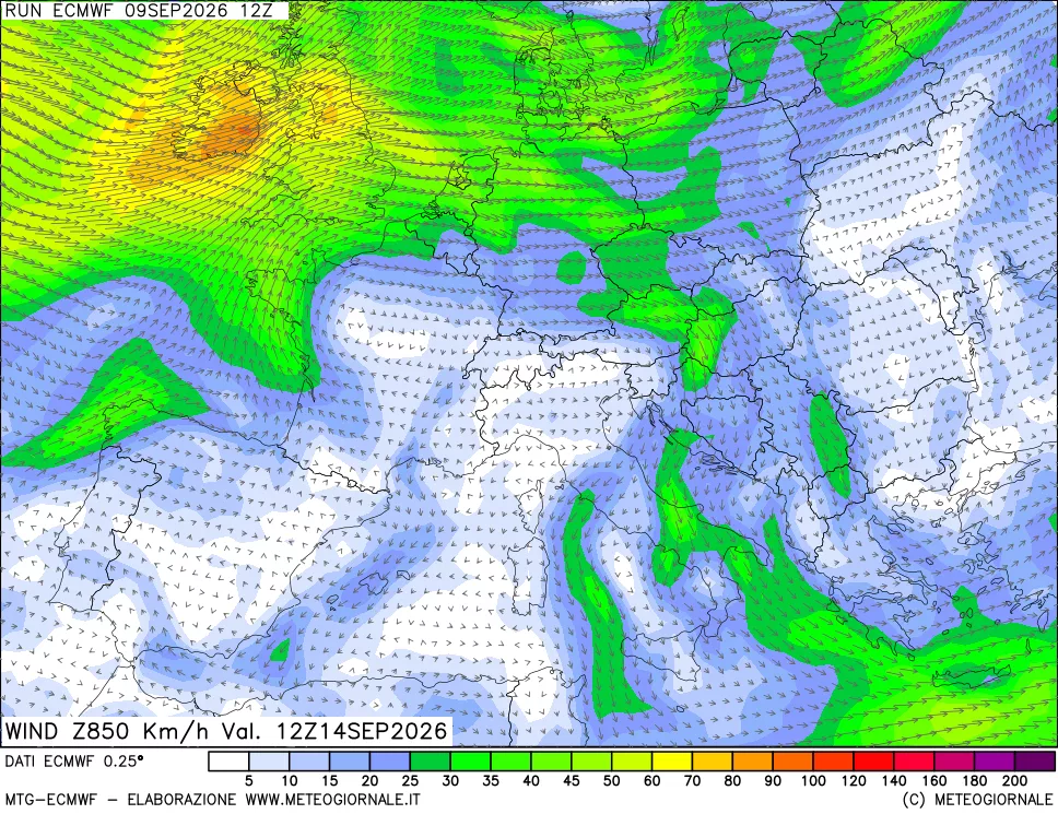 mappa Direzione e forza del vento a 850hPa