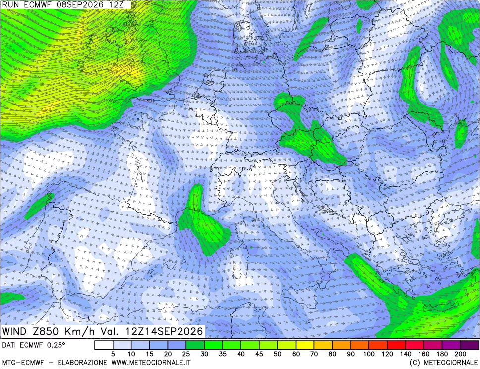 mappa Direzione e forza del vento a 850hPa