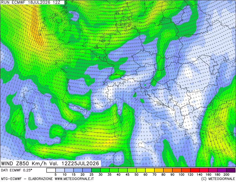 mappa Direzione e forza del vento a 850hPa