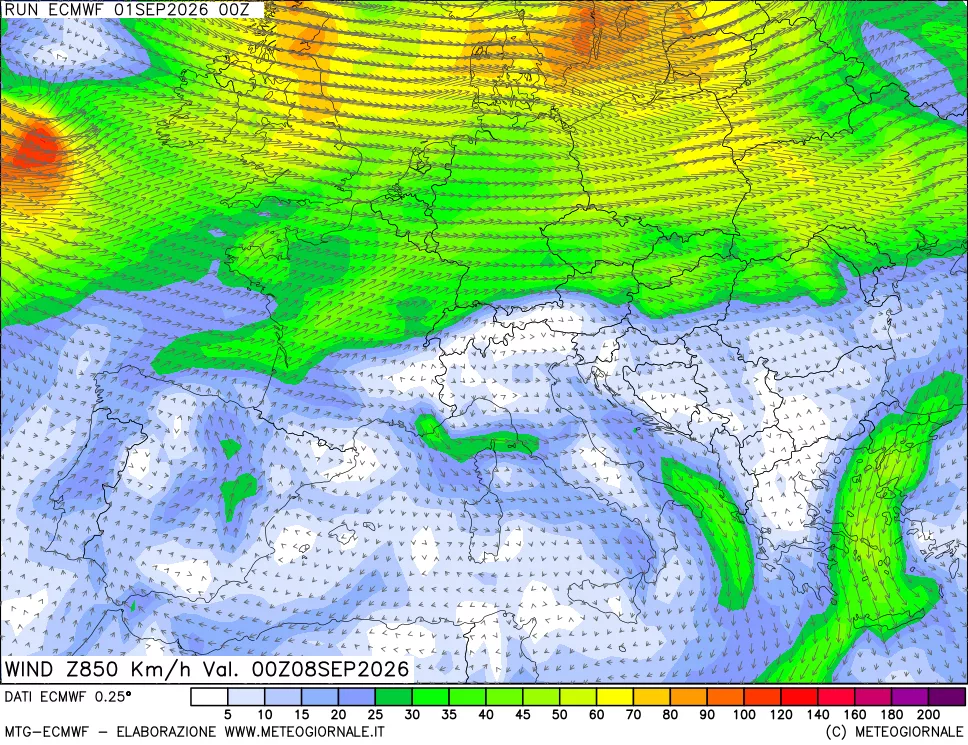 mappa Direzione e forza del vento a 850hPa
