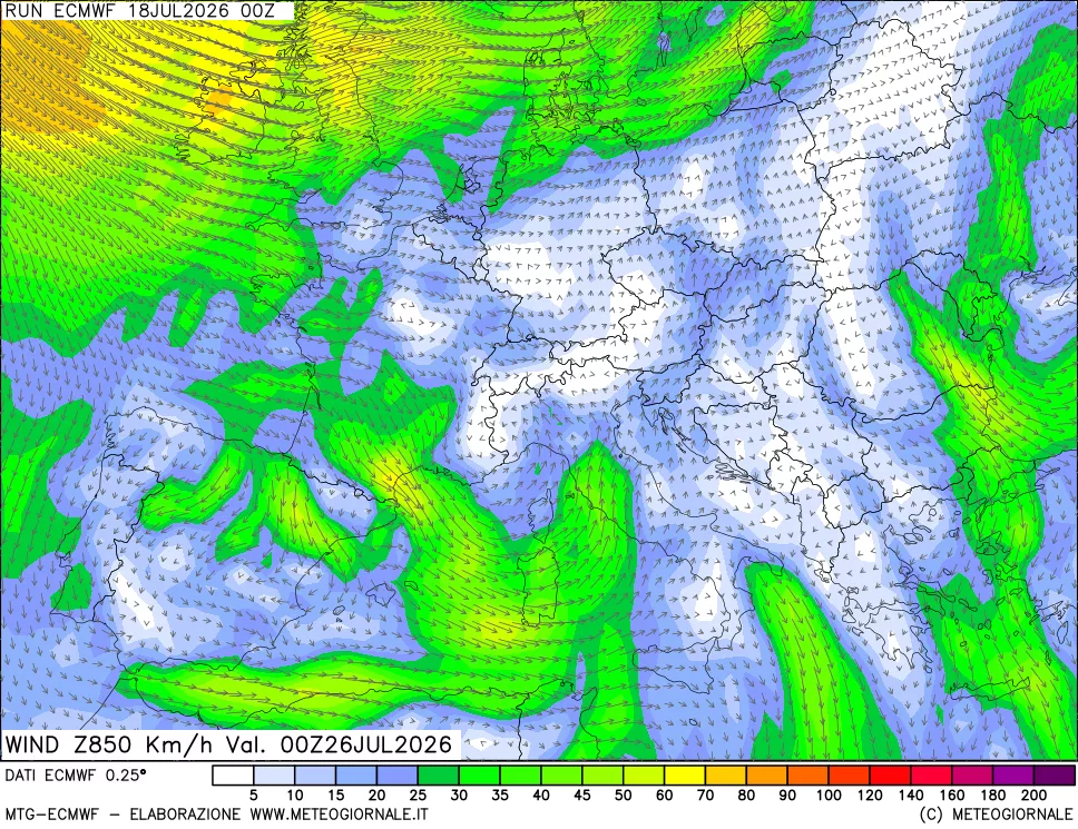 mappa Direzione e forza del vento a 850hPa