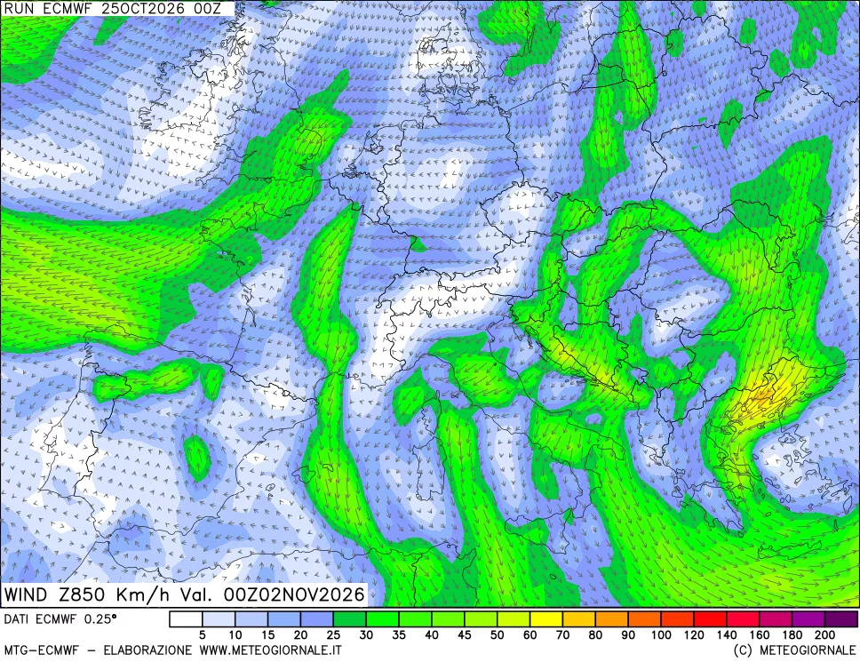 mappa Direzione e forza del vento a 850hPa