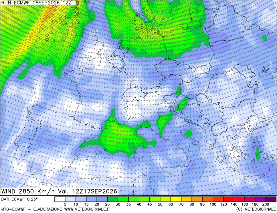 mappa Direzione e forza del vento a 850hPa