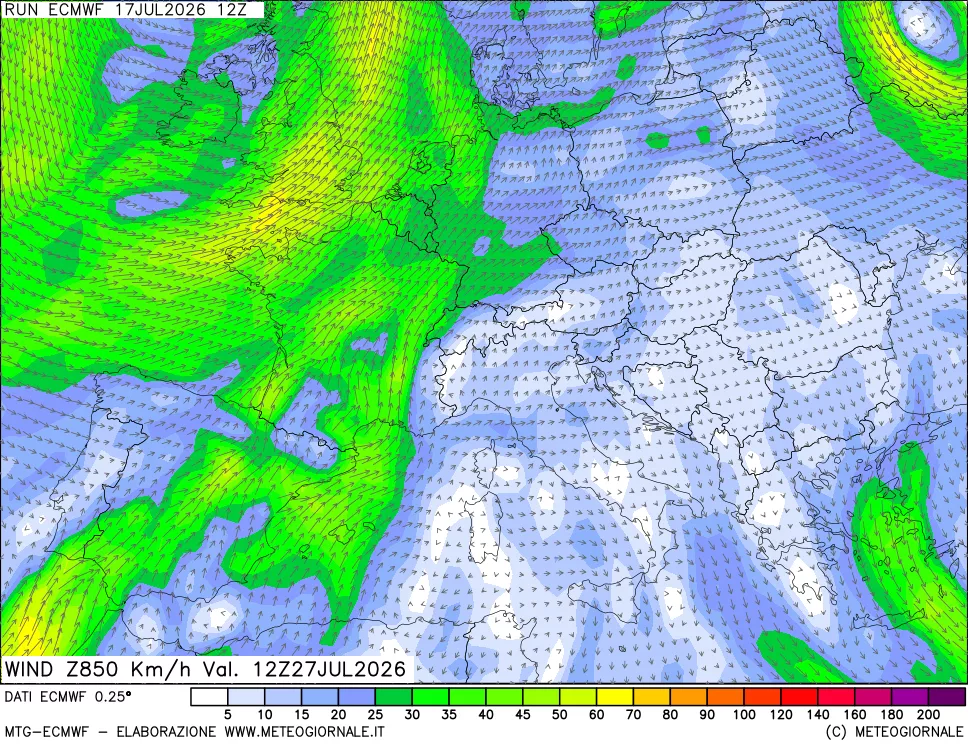 mappa Direzione e forza del vento a 850hPa