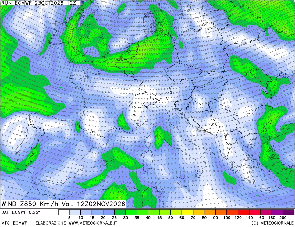 mappa Direzione e forza del vento a 850hPa