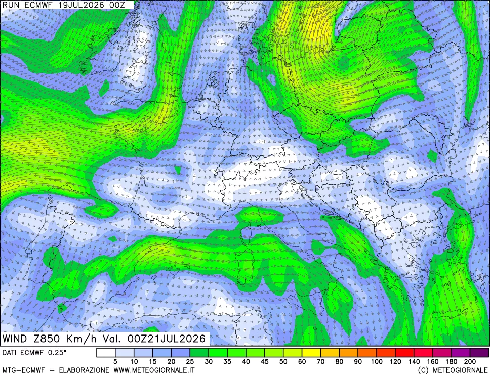 mappa Direzione e forza del vento a 850hPa