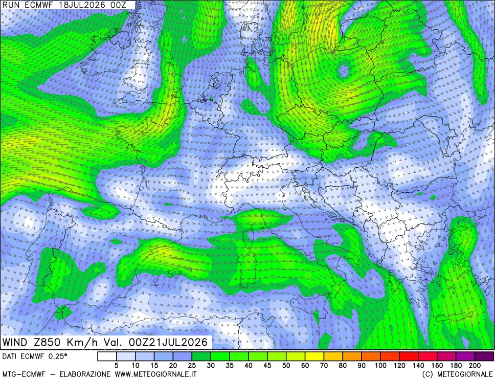 mappa Direzione e forza del vento a 850hPa