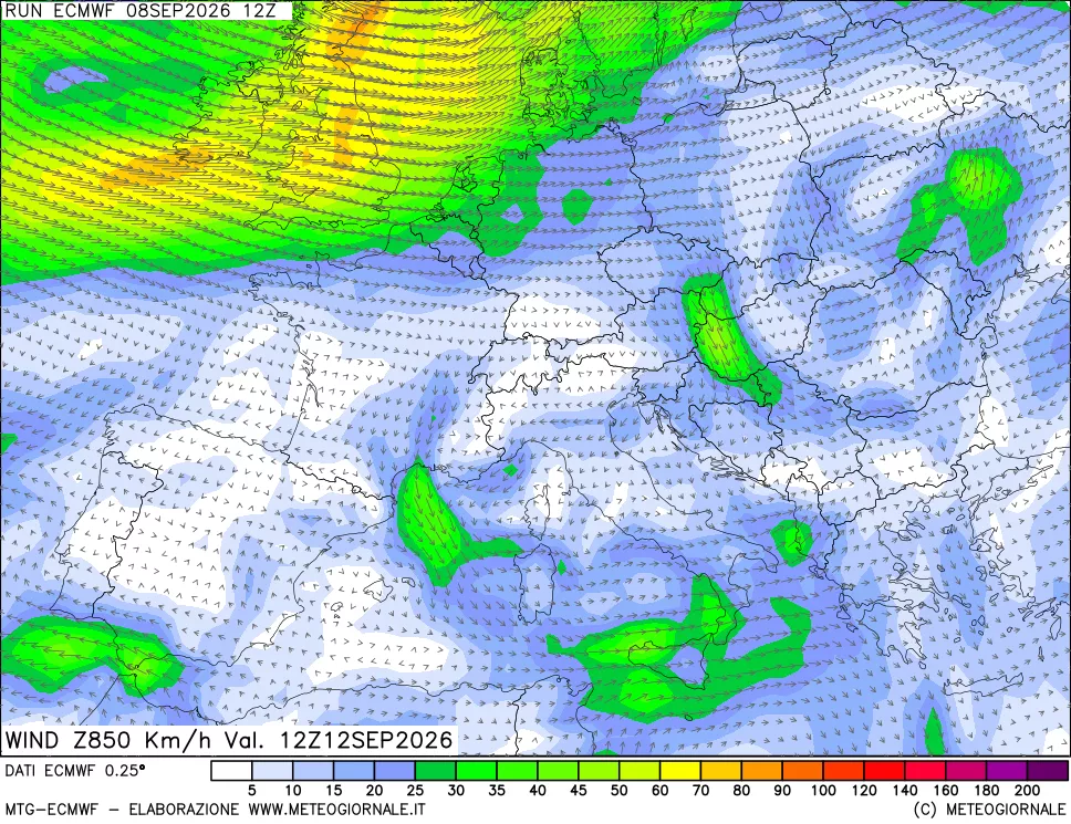 mappa Direzione e forza del vento a 850hPa