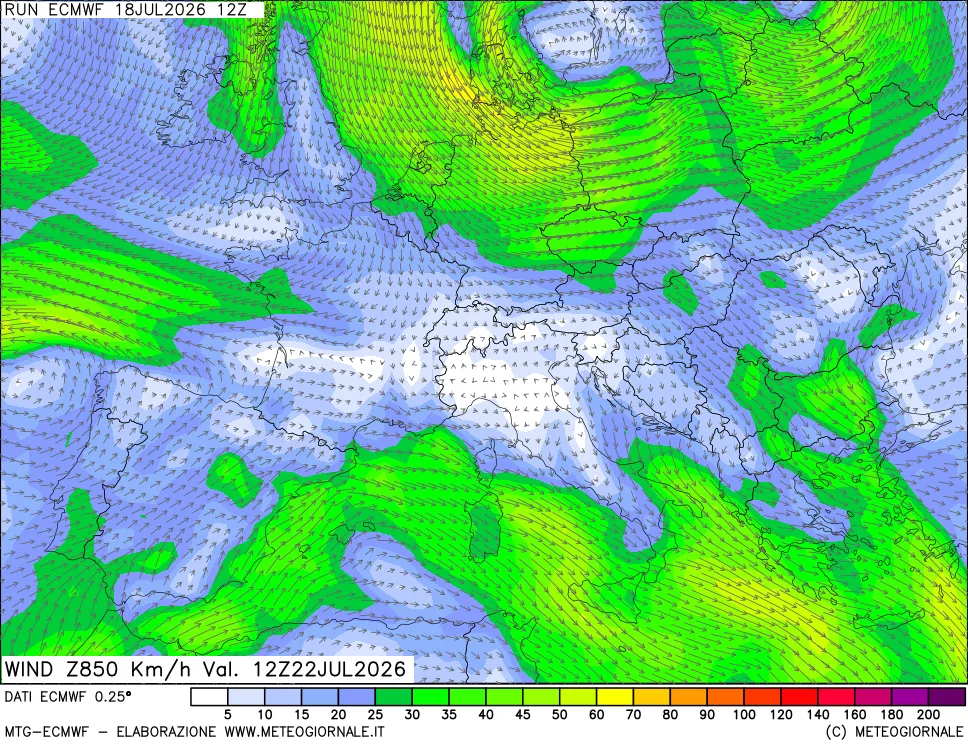 mappa Direzione e forza del vento a 850hPa