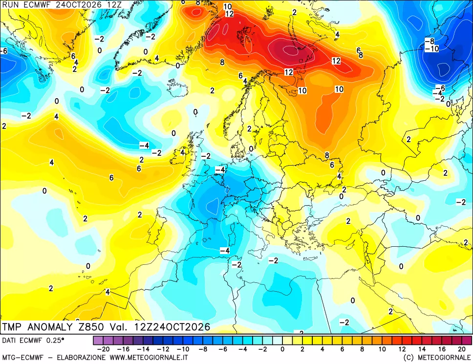 mappa 850 hPa Temp Anomaly vs Cli.No 1981-2010