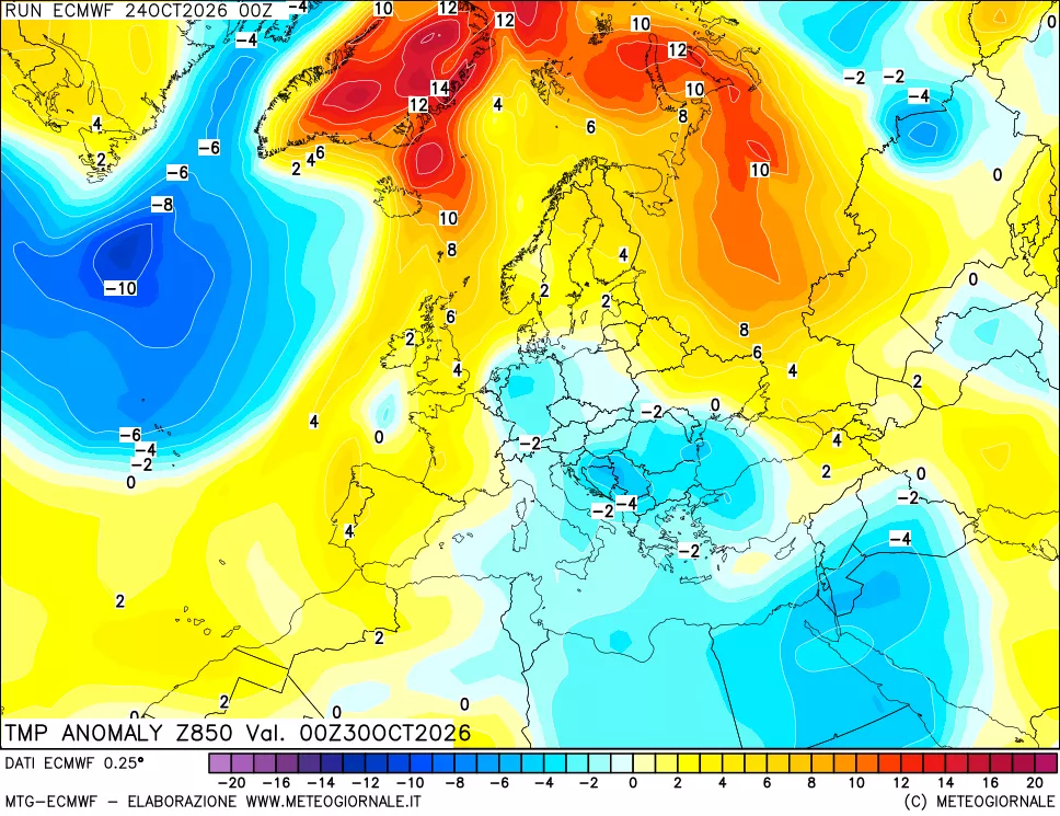 mappa 850 hPa Temp Anomaly vs Cli.No 1981-2010