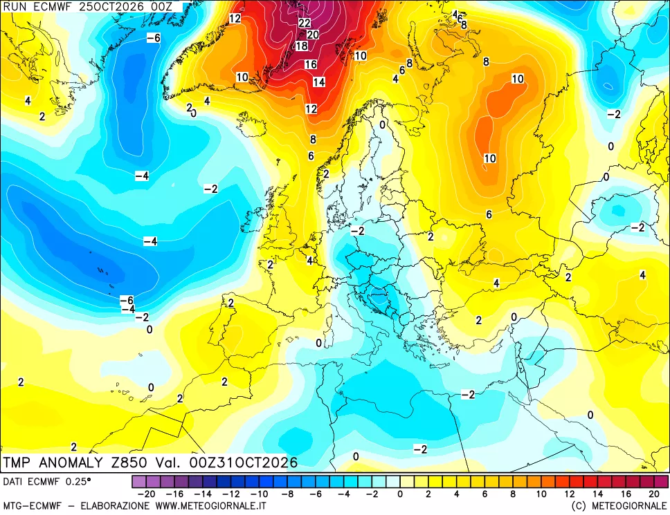 mappa 850 hPa Temp Anomaly vs Cli.No 1981-2010