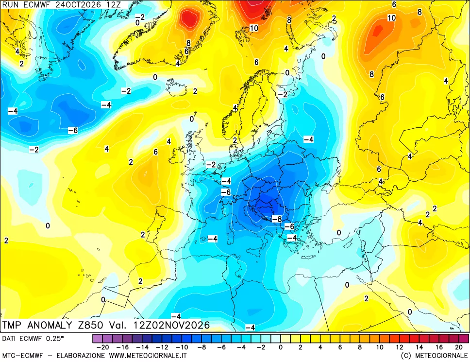mappa 850 hPa Temp Anomaly vs Cli.No 1981-2010