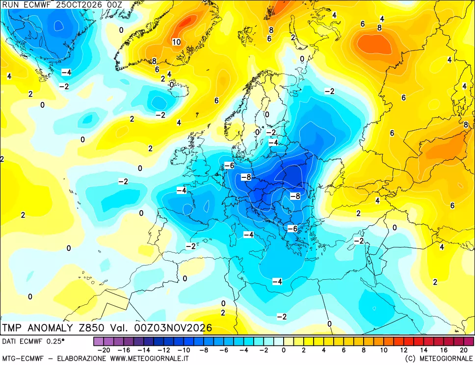 mappa 850 hPa Temp Anomaly vs Cli.No 1981-2010