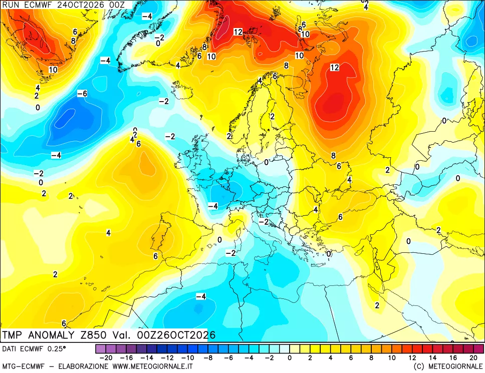 mappa 850 hPa Temp Anomaly vs Cli.No 1981-2010