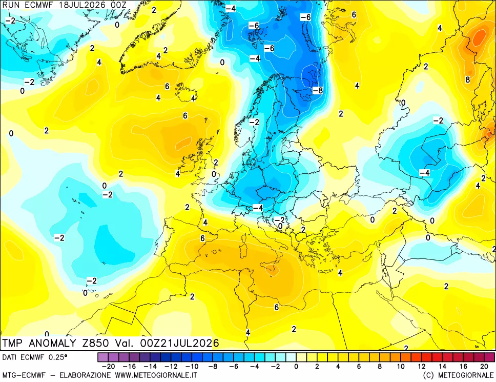 mappa 850 hPa Temp Anomaly vs Cli.No 1981-2010