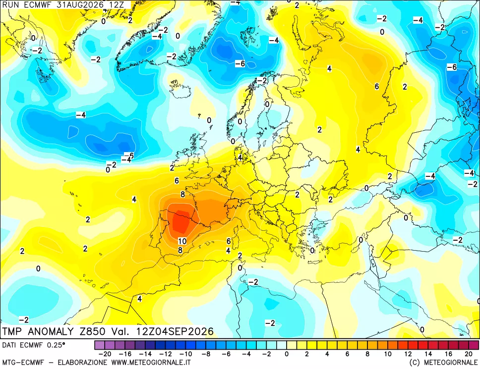 mappa 850 hPa Temp Anomaly vs Cli.No 1981-2010