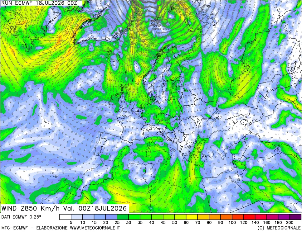 mappa Direzione e forza del vento a 850hPa