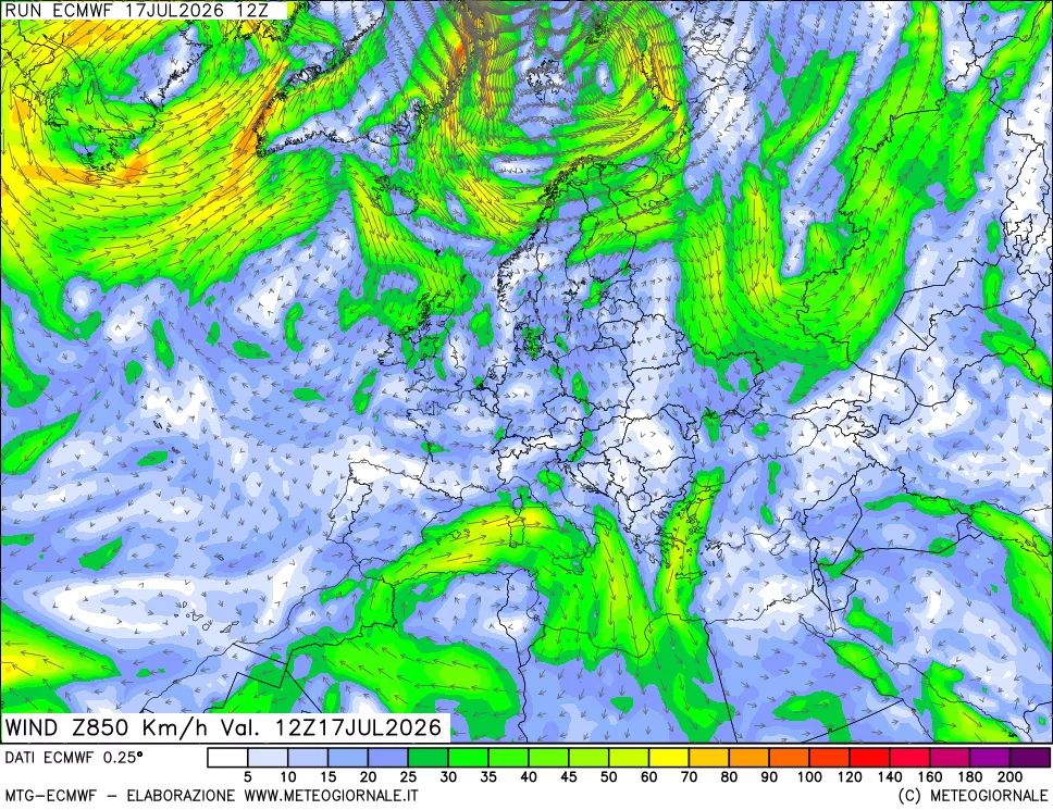 mappa Direzione e forza del vento a 850hPa