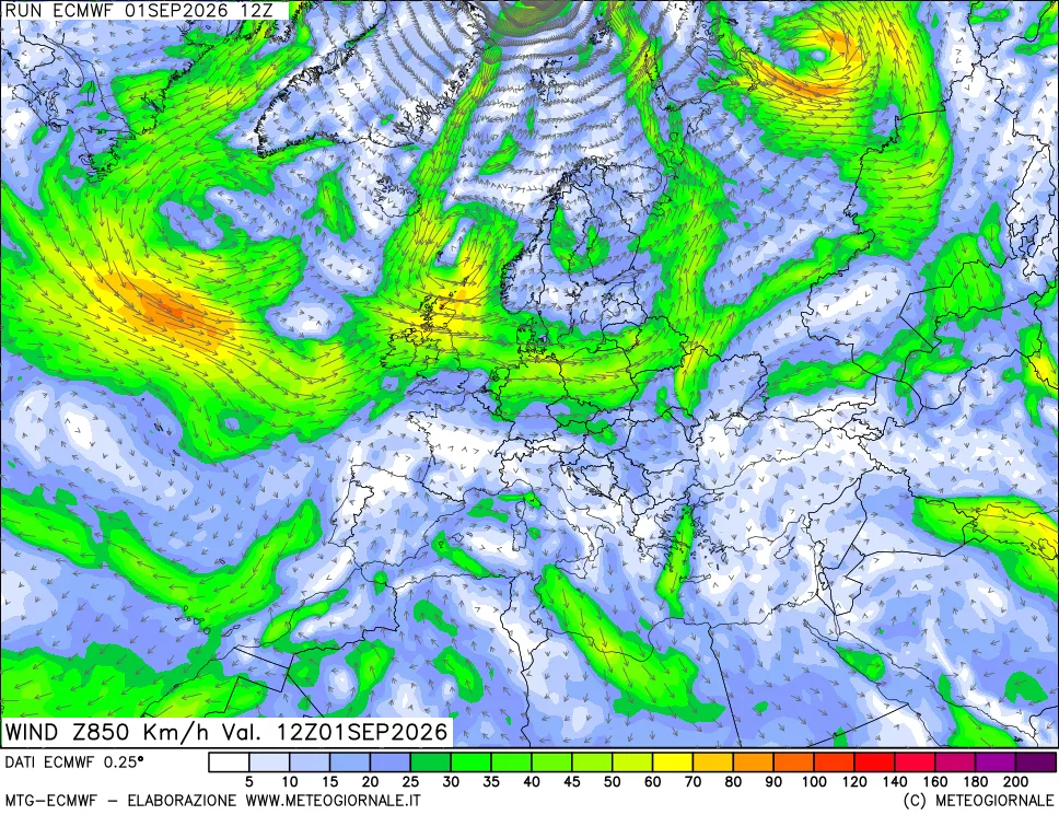 mappa Direzione e forza del vento a 850hPa