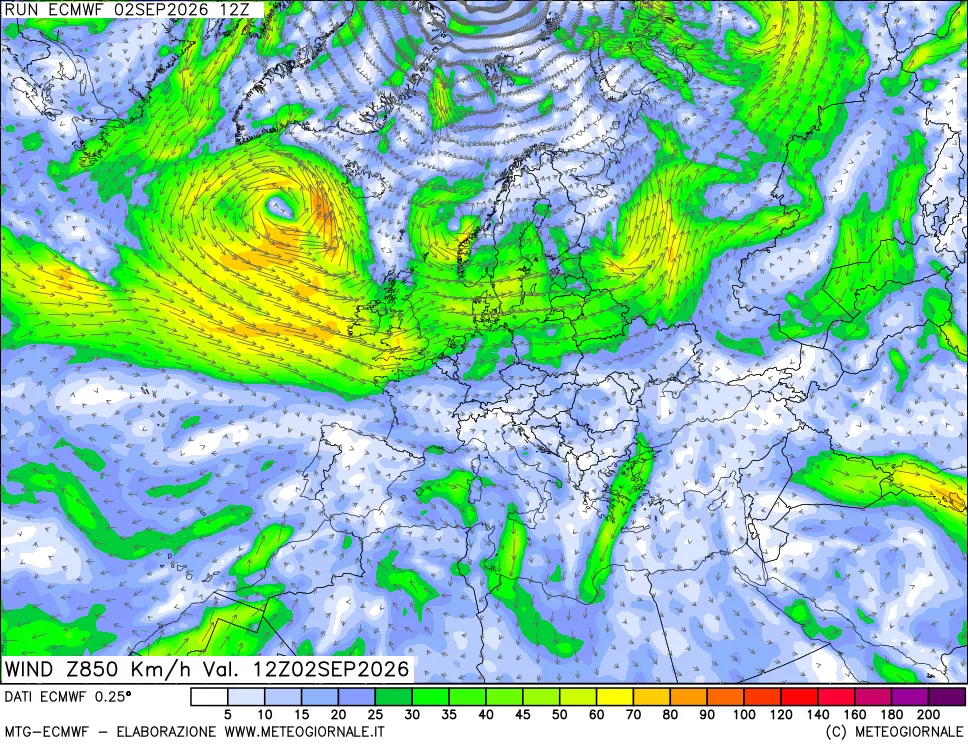mappa Direzione e forza del vento a 850hPa