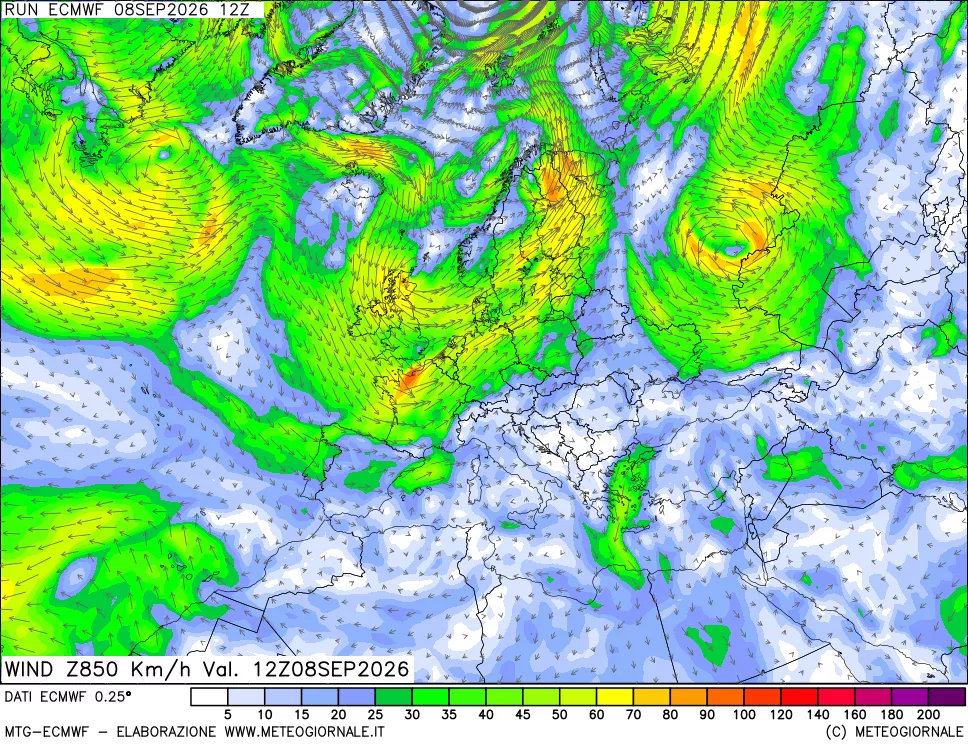 mappa Direzione e forza del vento a 850hPa