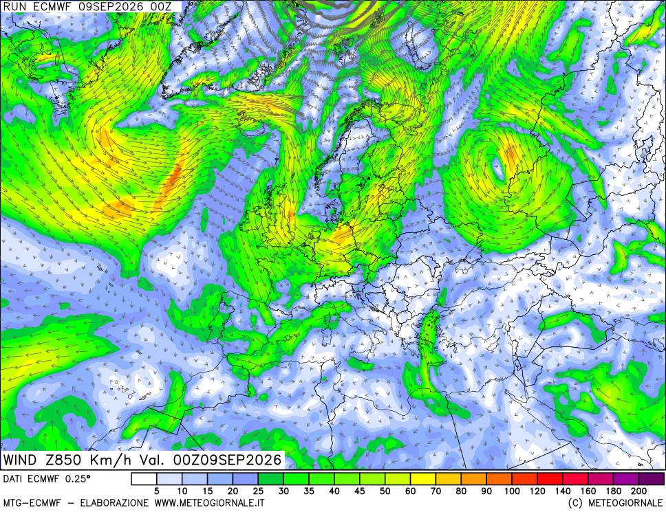 mappa Direzione e forza del vento a 850hPa