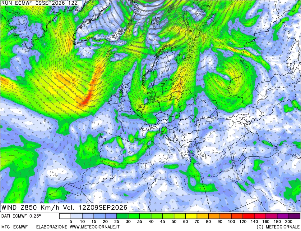 mappa Direzione e forza del vento a 850hPa