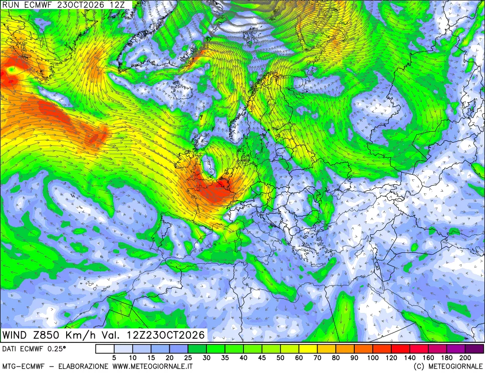 mappa Direzione e forza del vento a 850hPa