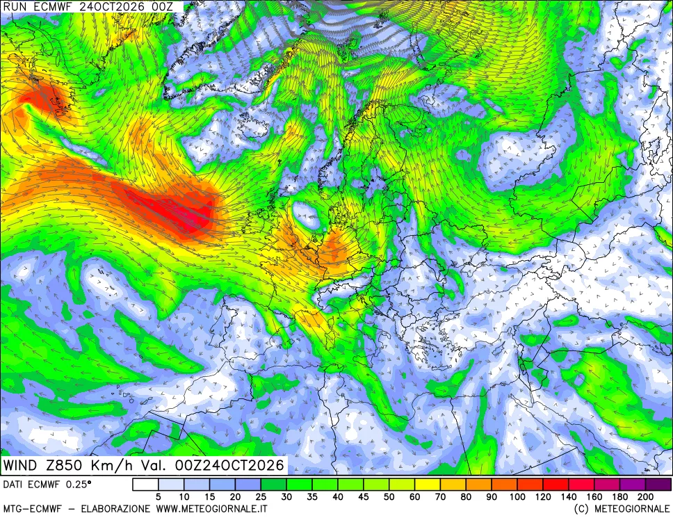 mappa Direzione e forza del vento a 850hPa