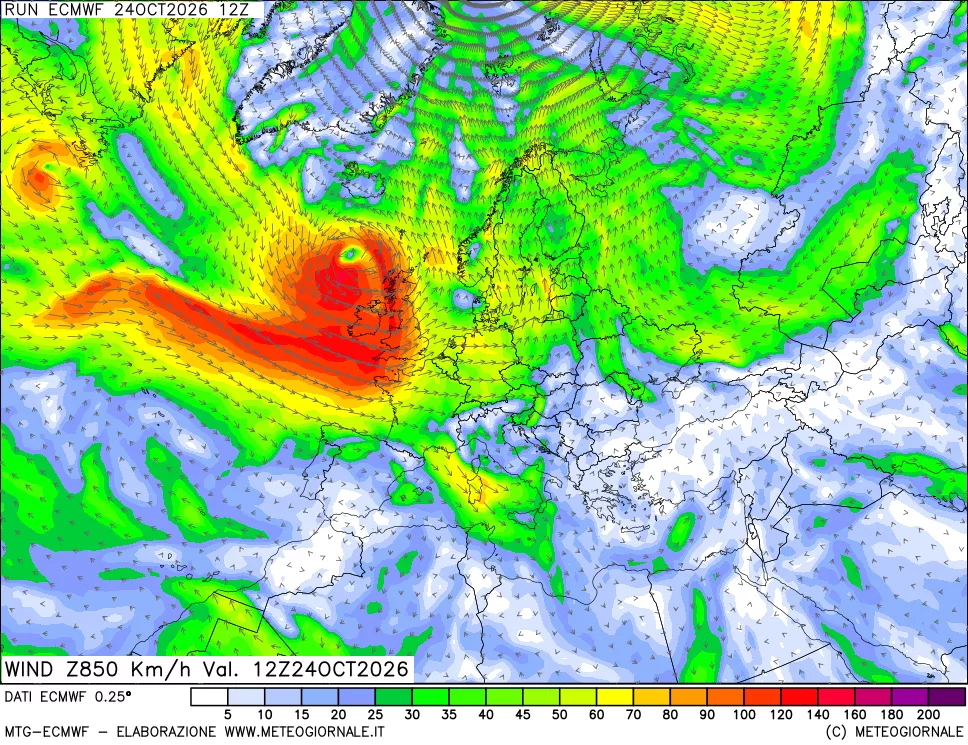mappa Direzione e forza del vento a 850hPa